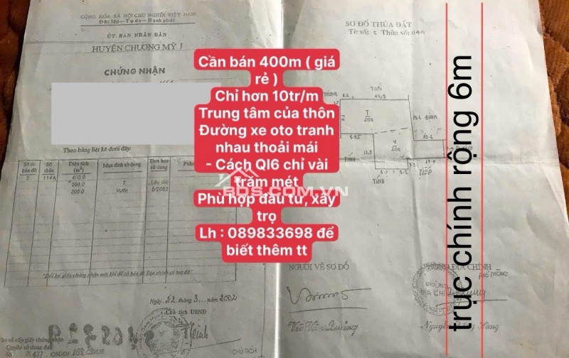 400m đất phú nghĩa-chương nỹ-hà nội
giá chỉ 15tr/m
phù hợp đầu tư,kinh doanh xây trọ